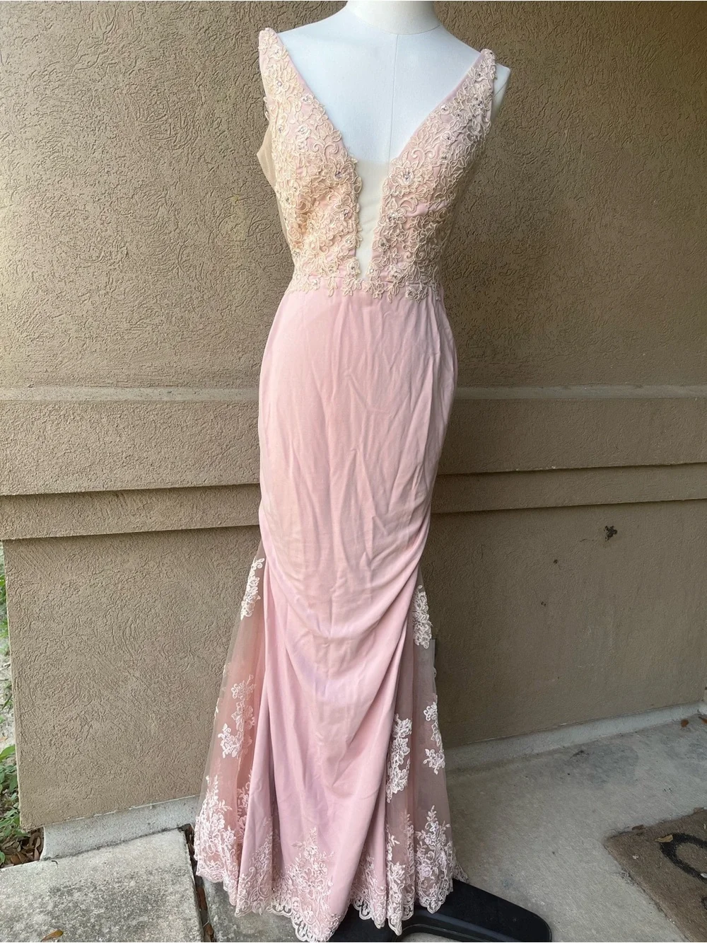 Blush Pink Lace-Trim Maxi Evening Dress - Picture 2 of 12